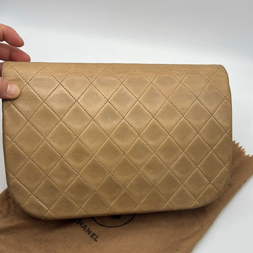CHANEL HALF MOON BIEGE DOUBLE FLAP QUILTED CC GOLD HW LAMBSKIN SHOULDER BAG